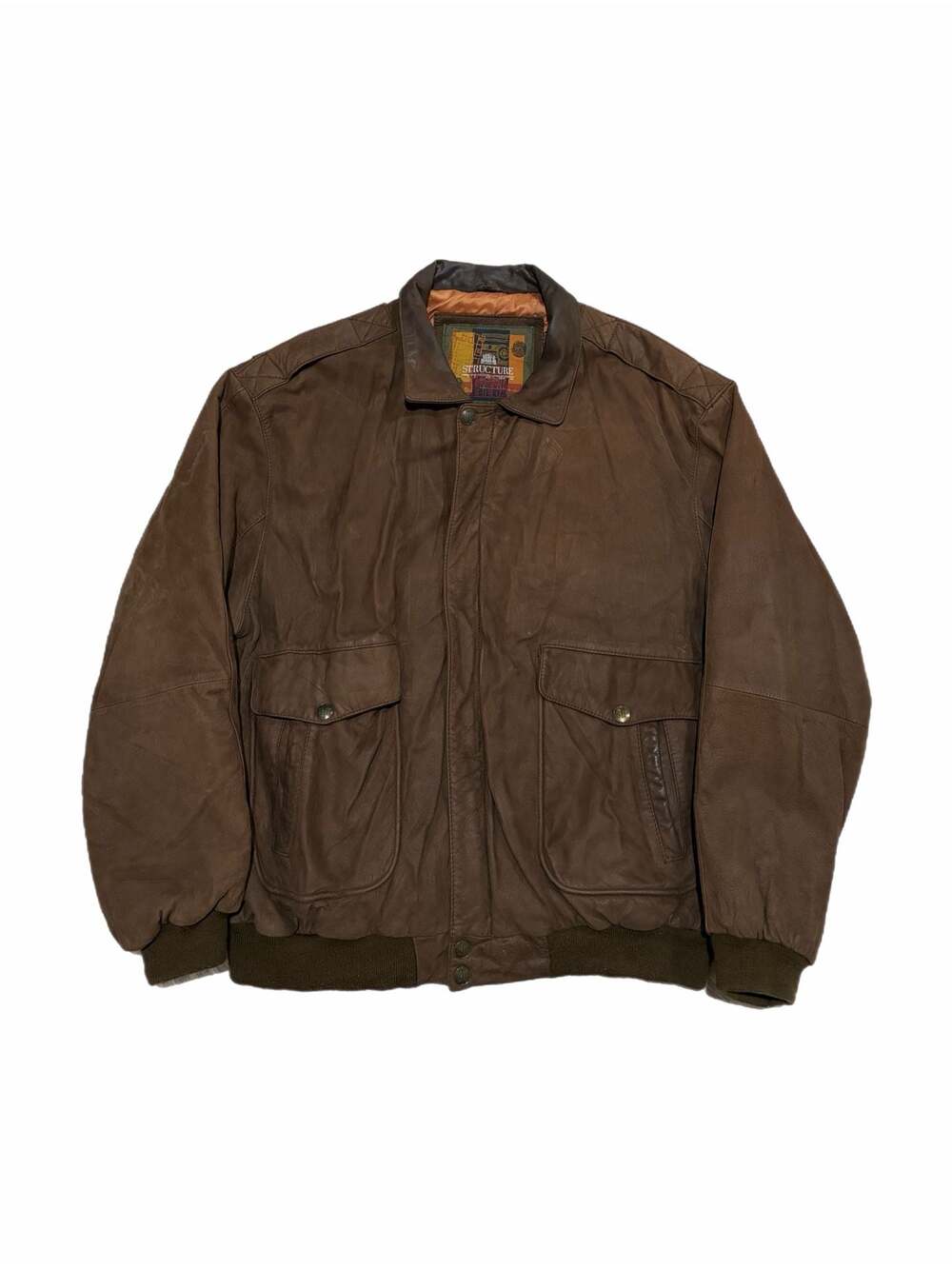 Vintage Structure Genuine Leather Bomber Jacket Brown XL